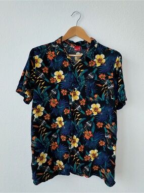 Coca-Cola Tropical Hawaiian Button Up Shirt LG Black Floral Rayon Camp Shirts